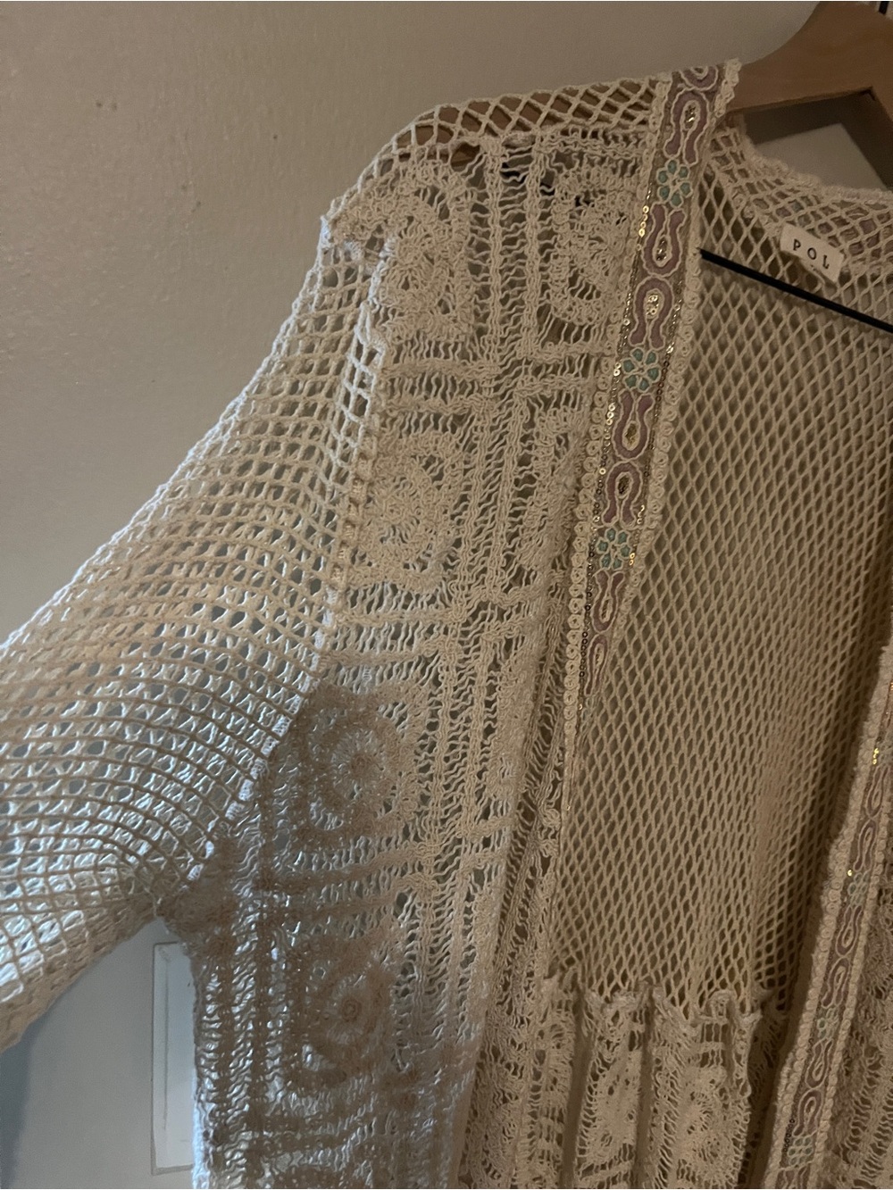 POL Crochet Lace Duster Cardigan Embroidered Sequin Boho Cream M - Picture 10 of 12